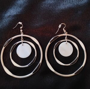 Womens black white silver large double hoops round pierced dangly drop earrings